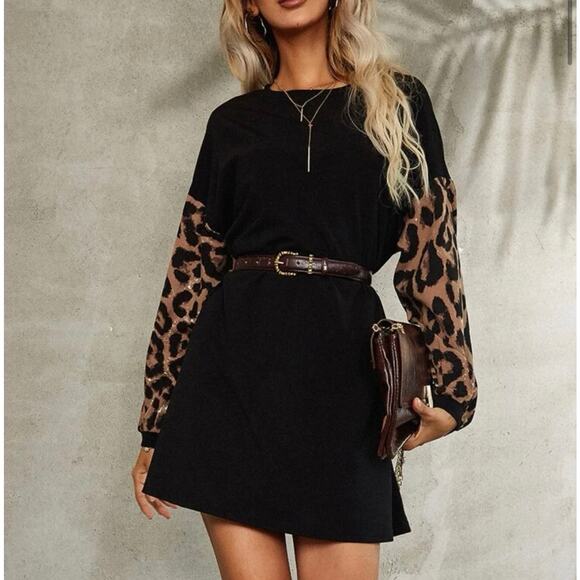 Shein Leopard Spliced Drop Shoulder Sweatshirt Dress Size Large - Picture 1 of 7